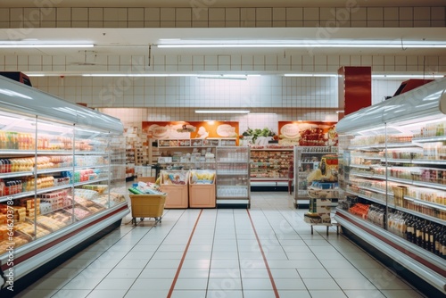 Interior of a supermarket or grocery store without people