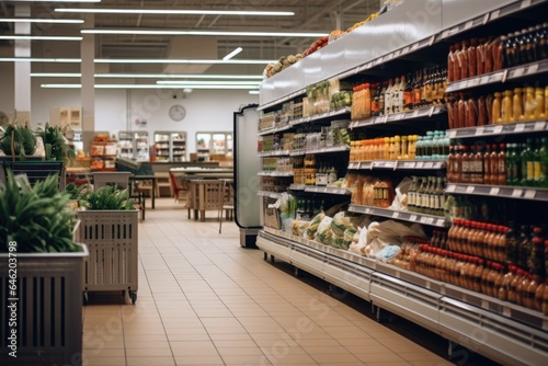 Interior of a supermarket or grocery store without people