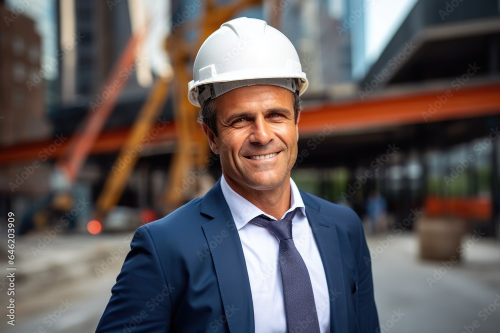 Smiling portrait of a happy male turkish developer or architect working on a construction site Smiling portrait of a happy male turkish developer or architect working on a construction site