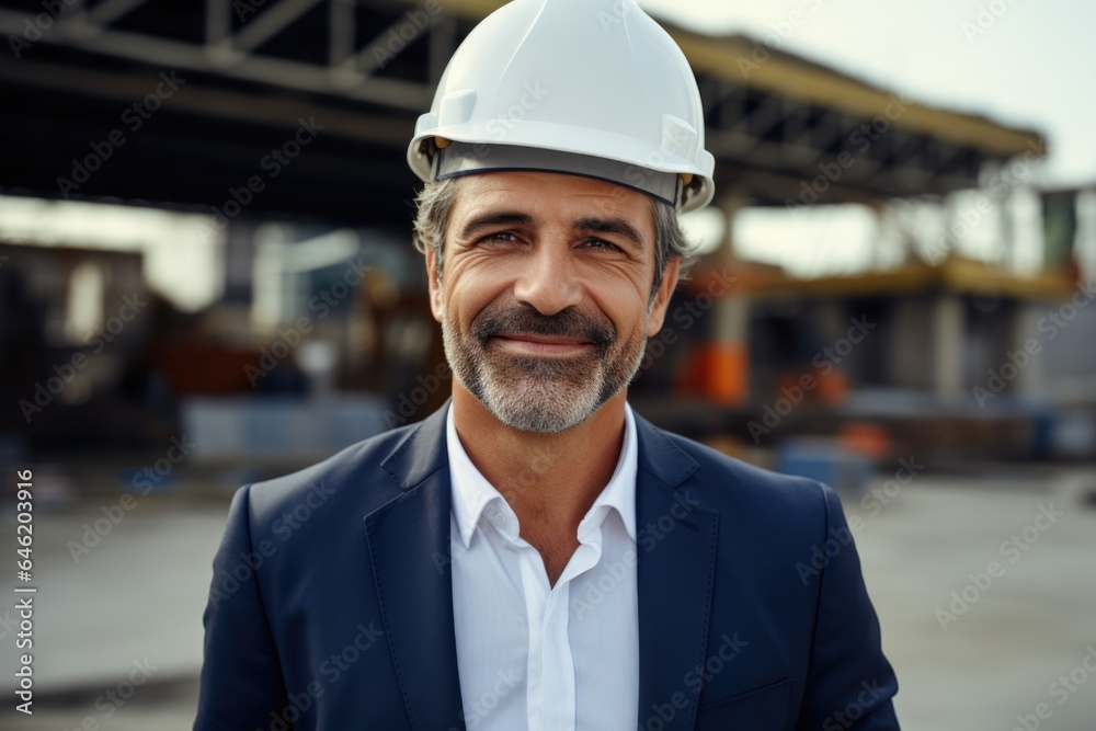 Smiling portrait of a happy male turkish developer or architect working on a construction site Smiling portrait of a happy male turkish developer or architect working on a construction site