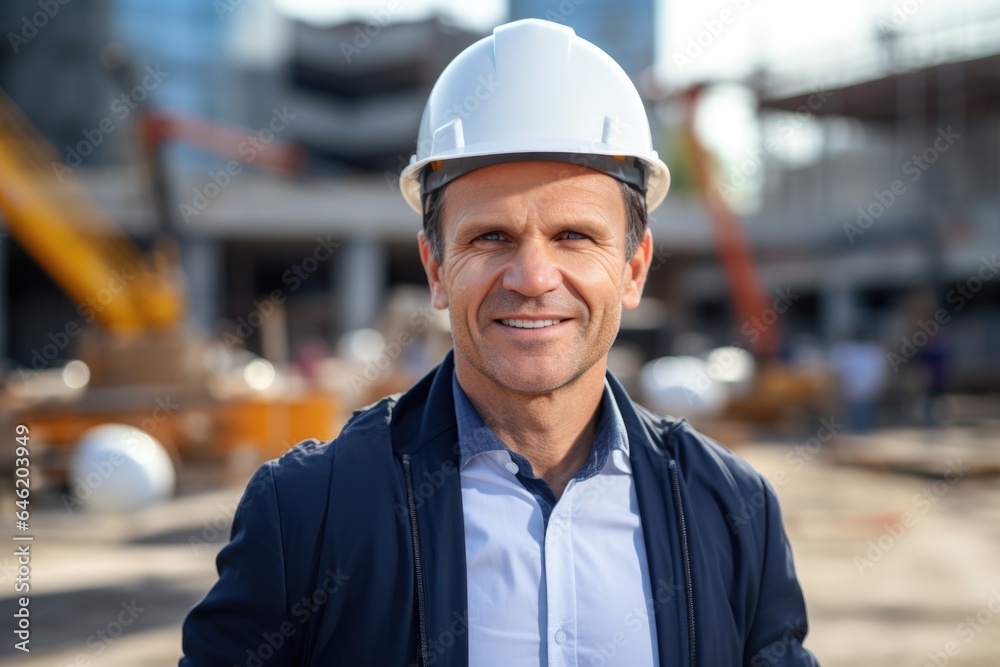 Smiling portrait of a happy male british developer or architect working on a construction site Smiling portrait of a happy male british developer or architect working on a construction site