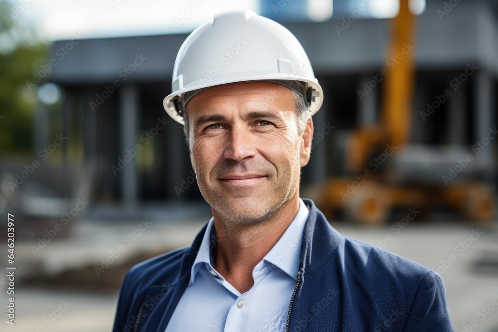Smiling portrait of a happy male danish developer or architect working on a construction site Smiling portrait of a happy male danish developer or architect working on a construction site