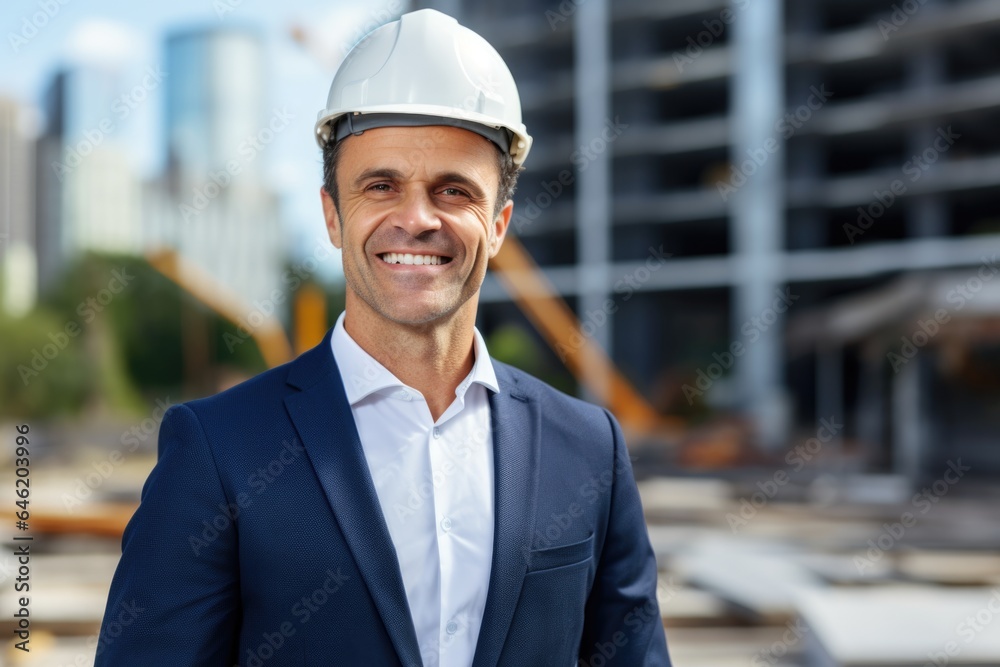 Smiling portrait of a happy male danish developer or architect working on a construction site Smiling portrait of a happy male danish developer or architect working on a construction site