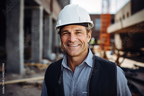 Smiling portrait of a happy male danish developer or architect working on a construction site