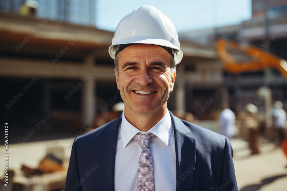Smiling portrait of a happy male swiss developer or architect working on a construction site