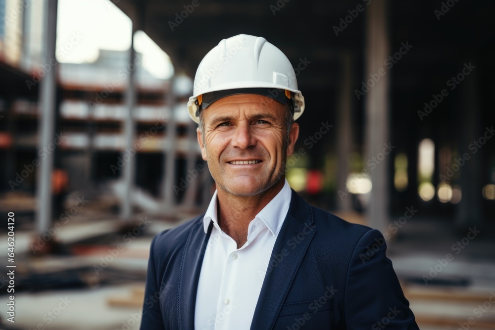 Smiling portrait of a happy male swiss developer or architect working on a construction site Smiling portrait of a happy male swiss developer or architect working on a construction site