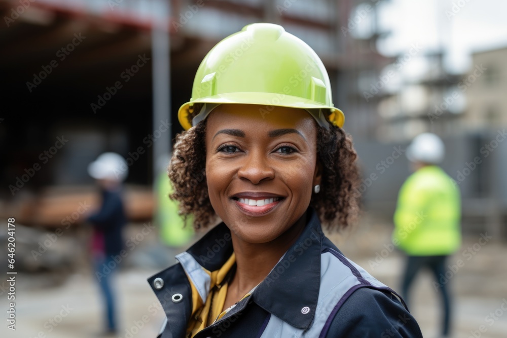 Smiling portrait of a happy female african american developer with a hard hat on a construction site Smiling portrait of a happy female african american developer with a hard hat on a construction site