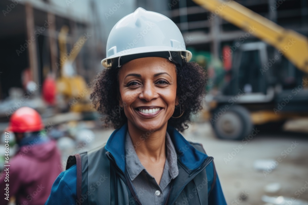 Smiling portrait of a happy female african american architect with a hard hat on a construction site Smiling portrait of a happy female african american architect with a hard hat on a construction site