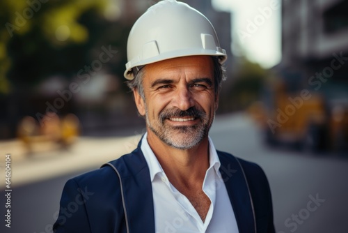 Smiling portrait of a happy male swiss developer or architect working on a construction site