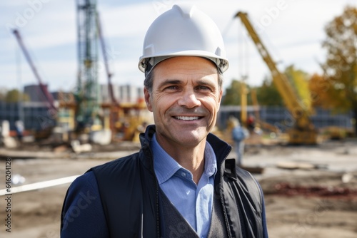 Smiling portrait of a happy male swiss developer or architect working on a construction site