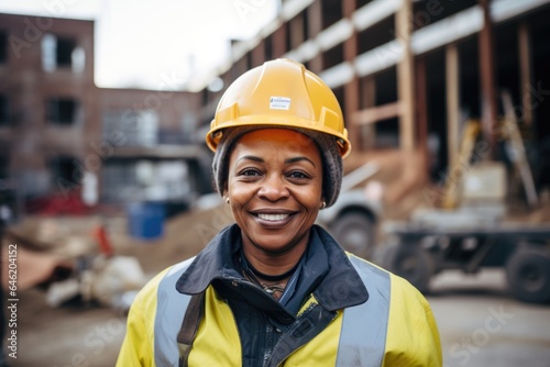 Smiling portrait of a happy female african american developer with a hard hat on a construction site © NikoG