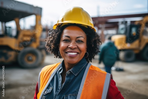 Smiling portrait of a happy female african american developer with a hard hat on a construction site