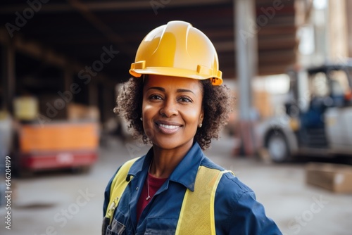 Smiling portrait of a happy female african american developer with a hard hat on a construction site