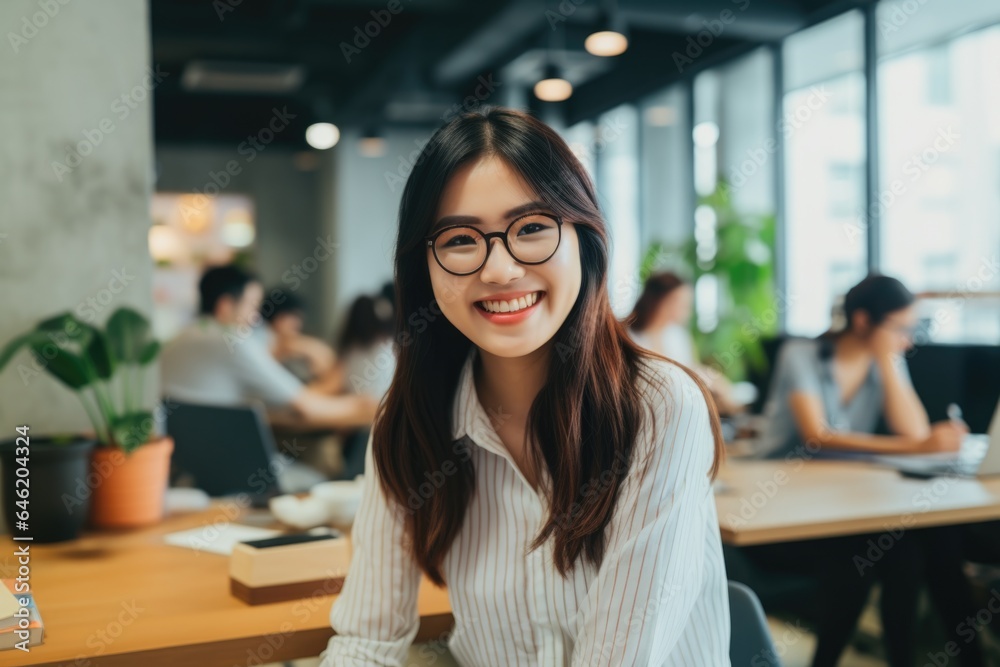 Smiling portrait of a happy asian woman working for a modern startup company in a business office Smiling portrait of a happy asian woman working for a modern startup company in a business office