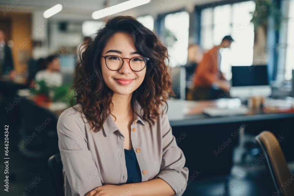 Fototapeta premium Smiling portrait of a happy japanese woman working for a modern startup company in a business office