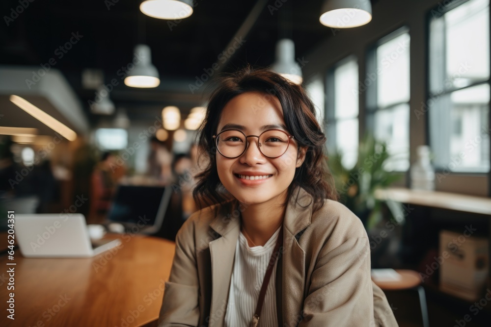 Smiling portrait of a happy young asian woman working for a modern startup company in a business office Smiling portrait of a happy young asian woman working for a modern startup company in a business office