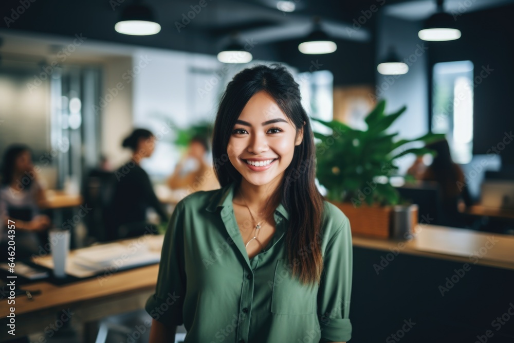 Smiling portrait of a happy asian woman working for a modern startup company in a business office Smiling portrait of a happy asian woman working for a modern startup company in a business office