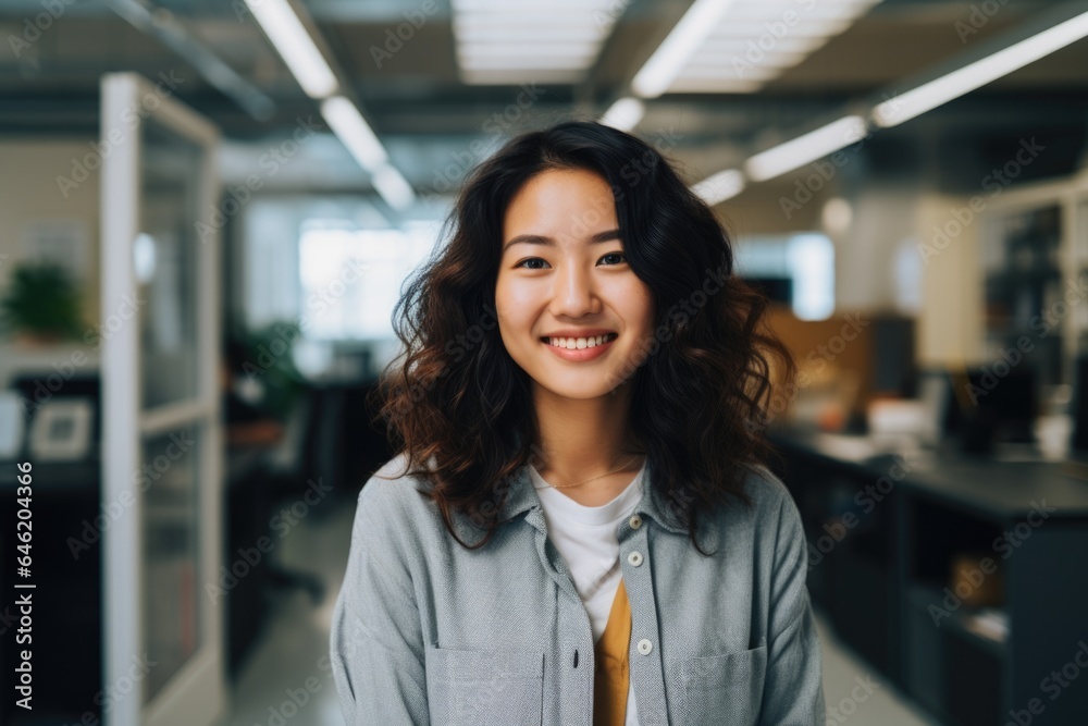 Fototapeta premium Smiling portrait of a happy young asian woman working for a modern startup company in a business office