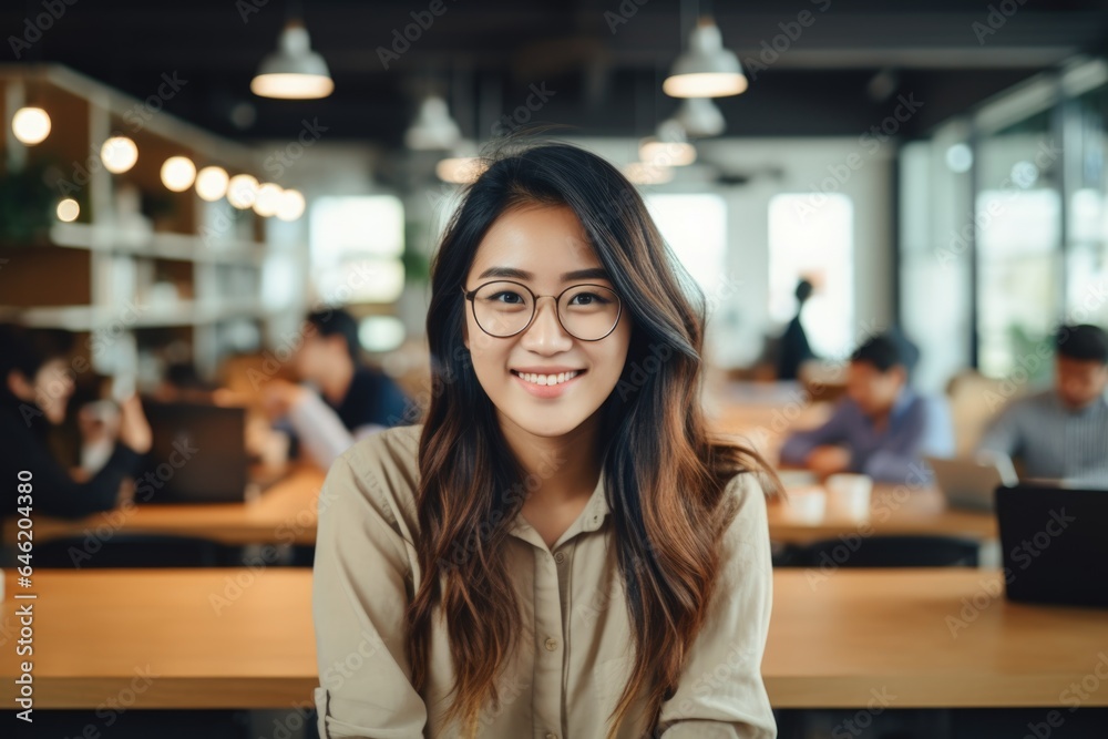 Smiling portrait of a happy young asian woman working for a modern startup company in a business office Smiling portrait of a happy young asian woman working for a modern startup company in a business office