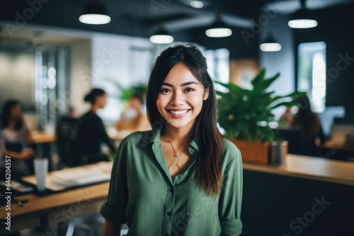 Smiling portrait of a happy asian woman working for a modern startup company in a business office