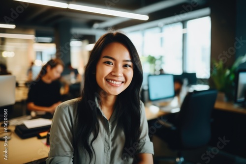 Smiling portrait of a happy young asian woman working for a modern startup company in a business office