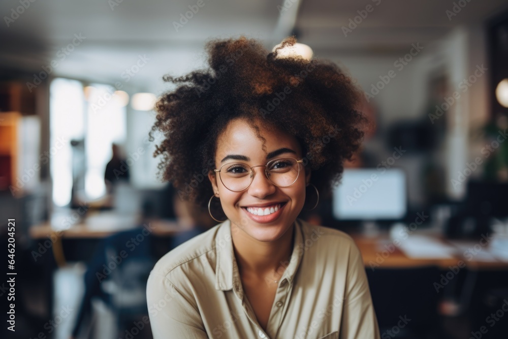 Fototapeta premium Smiling portrait of a happy young african american woman working for a modern startup company in a business ofice
