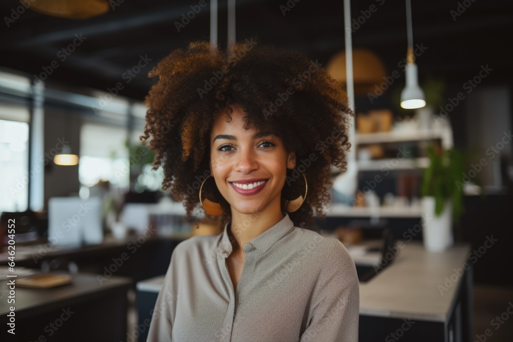 Smiling portrait of a happy young african american woman working for a modern startup company in a business ofice