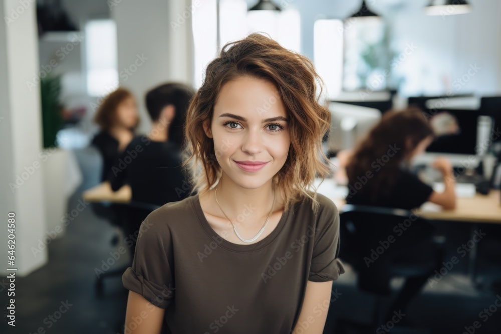 Smiling portrait of a happy young caucasian woman working for a modern startup company in a business office Smiling portrait of a happy young caucasian woman working for a modern startup company in a business office