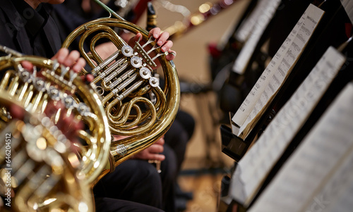 Close up of performer's hands playing horn