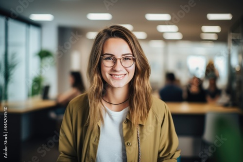 Smiling portrait of a happy young caucasian woman working for a modern startup company in a business office