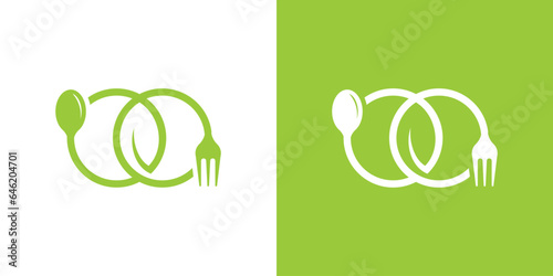 spoon and fork logo design combined with leaves for nutritious food and health