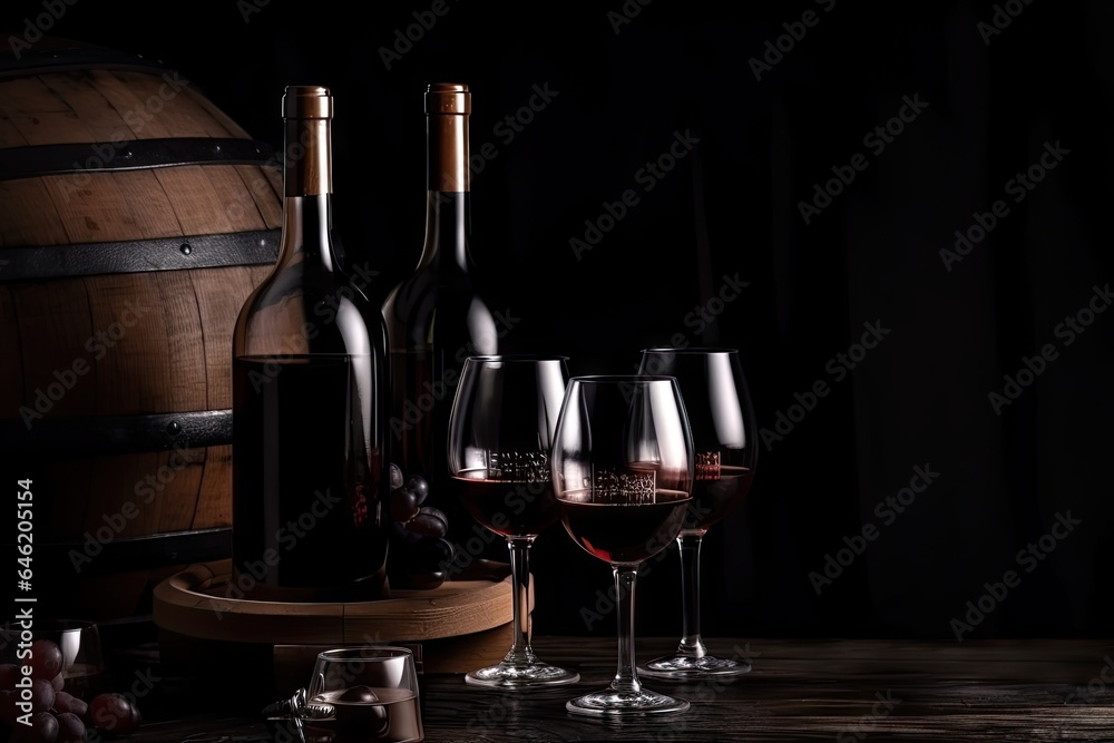 Vintage bottle and glass on wooden table. Red wine cellar delights in rustic setting on oak barrel