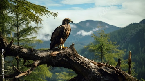 An eagle perched on a tree branch at the edge of a mountain