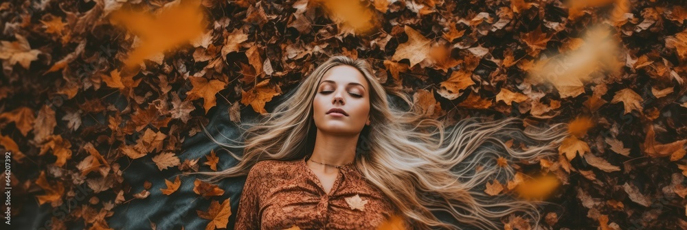 woman laying down ground autumn forest
 - obrazy, fototapety, plakaty 