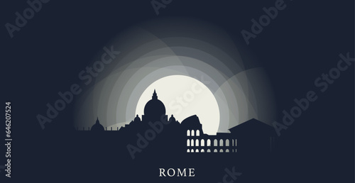 Italy Rome cityscape skyline capital city panorama vector flat modern banner art. Roman region emblem idea with landmarks and building silhouettes at sunrise sunset night