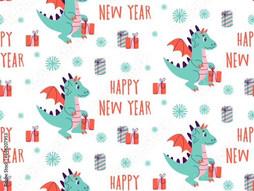 Fototapeta Naklejka Na Ścianę i Meble -  Year of Dragon, Chinese Happy New Year 2024. China lunar calendar animal. Cute carton dragons seamless pattern.