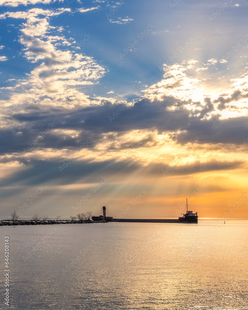 Vibrant sunrise with sun rays over a long freighter ship pier. Port Credit Mississauga, Lake Ontario
