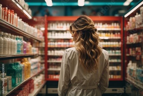 Rear view of woman looking at shelves with medicines in drugstore