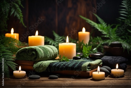 Spa still life with candles, stones and towels on wooden background