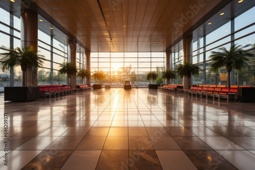 Empty modern airport terminal lounge. Large windows, comfortable views, information stands.