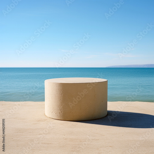 Empty cylinder podium standing on stone table with blurred seascape and blue sky in background. High quality photo