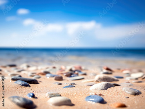 Pebbles on the sandy beach with blurred blue sea and sky in background. High quality photo