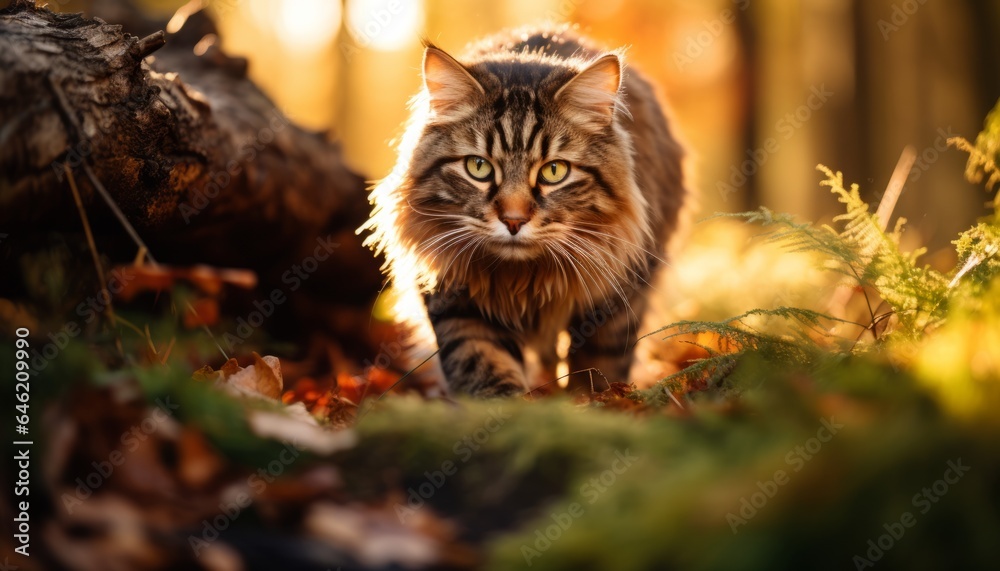 Photo of a cat exploring a vibrant autumn forest created with Generative AI technology Photo of a cat exploring a vibrant autumn forest created with Generative AI technology