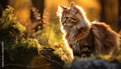 Photo of a cat exploring a vibrant autumn forest created with Generative AI technology