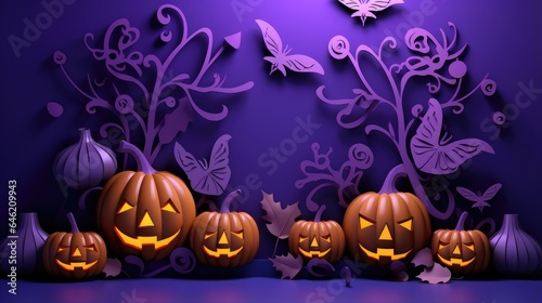 halloween with pumpkin party border. Halloween purple paper cut banner