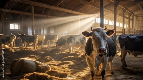 Portrait of cow in milking shed at dairy farm.