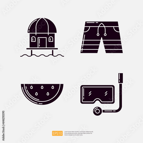 Beach Cottage House, Swimming Trunks Sport Shorts, Watermelon Vegetable and Fruit, Snorkeling Mask. Summer Vacation Solid Glyph Icon Vector Illustration set