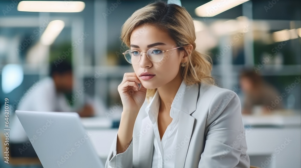 Business woman working with laptop while thinking at office, Decision and connection with online reading, Website info and data analysis. Business woman working with laptop while thinking at office, Decision and connection with online reading, Website info and data analysis.