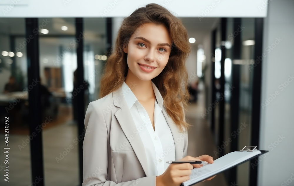 Businesswoman working with clipboard on paperwork in modern office. Businesswoman working with clipboard on paperwork in modern office.