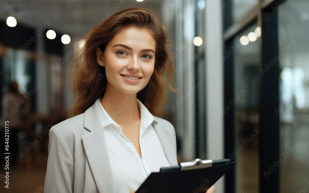 Businesswoman working with clipboard on paperwork in modern office. Businesswoman working with clipboard on paperwork in modern office.